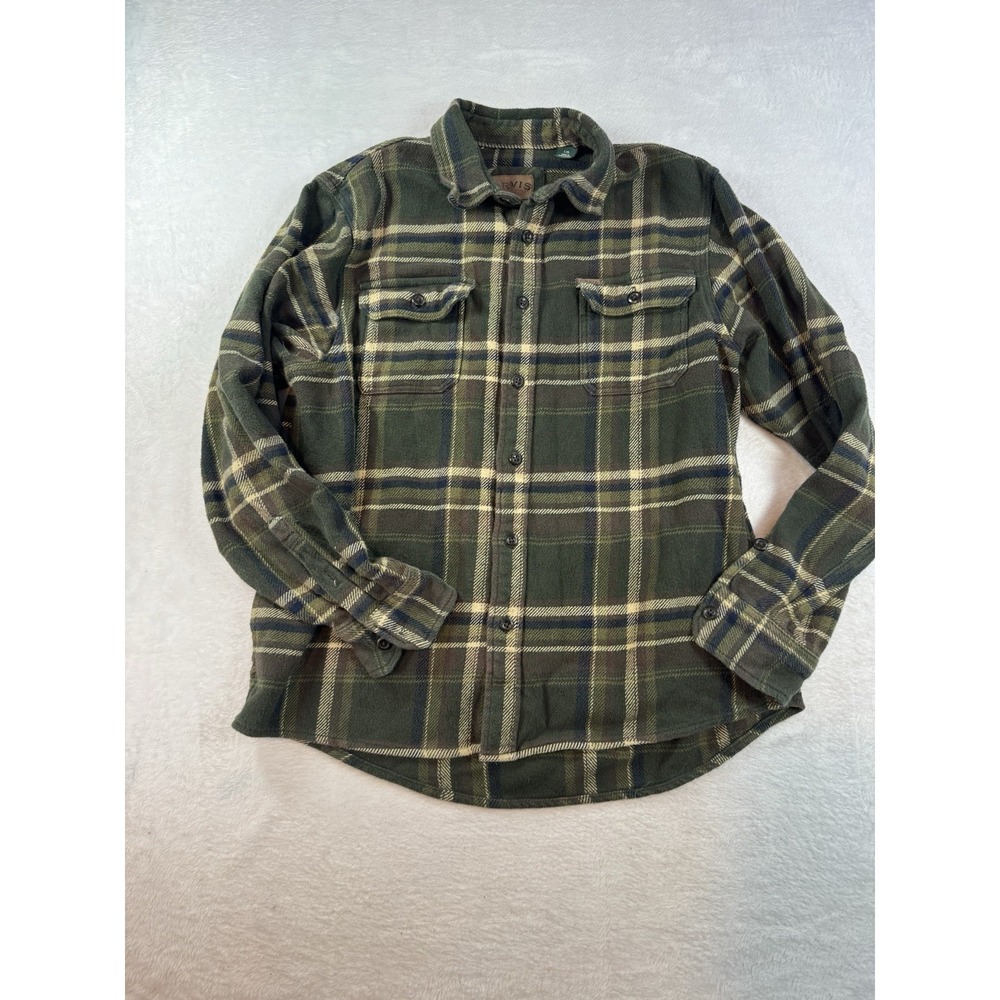 Men's Orvis Heavy Green Plaid Buttoned Thick Flannel Shirt Jacket Pockets‎ Large